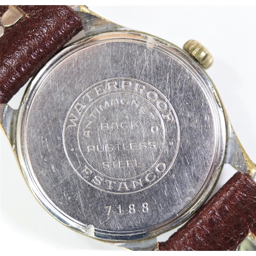 91 - Mulco wristwatch. Plated case, brushed finish, wear to plating, 32mm without crown. Screw caseback, ... 