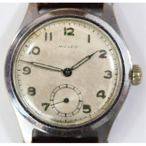 91 - Mulco wristwatch. Plated case, brushed finish, wear to plating, 32mm without crown. Screw caseback, ... 