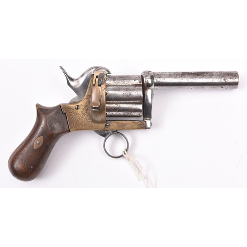 399 - A 6 shot 10mm (?) provincially made brass framed double action ring trigger pinfire revolver, possib... 