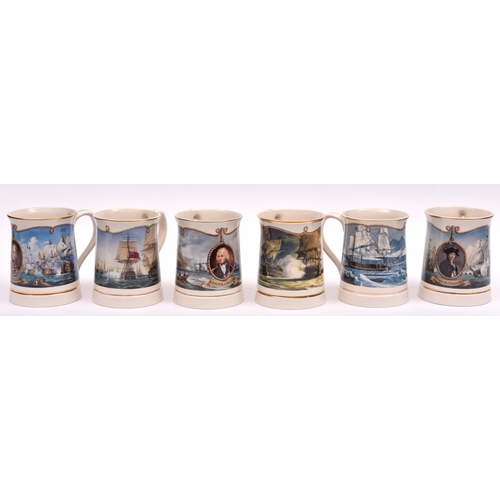 46 - A set of 6 Nelson commemorative tankards, made by Wedgwood, issued by Danbury Mint: Cape St Vincent,... 