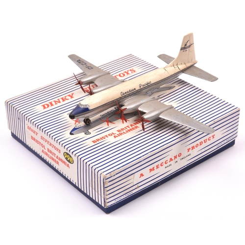 383 - A Dinky Supertoys 998; Bristol Britannia Airliner. 4-engine airliner in silver, blue and white liver... 