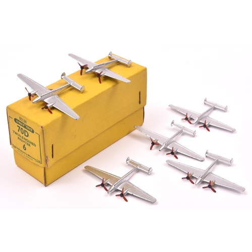 386 - A Dinky Toys trade box of 70D Twin-Engined Fighter. Yellow box containing 6x Fighters in silver pain... 