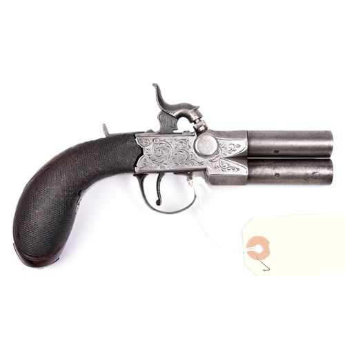 433 - A double barrelled 80 bore over and under tap action percussion boxlock pistol, c 1820, converted fr... 