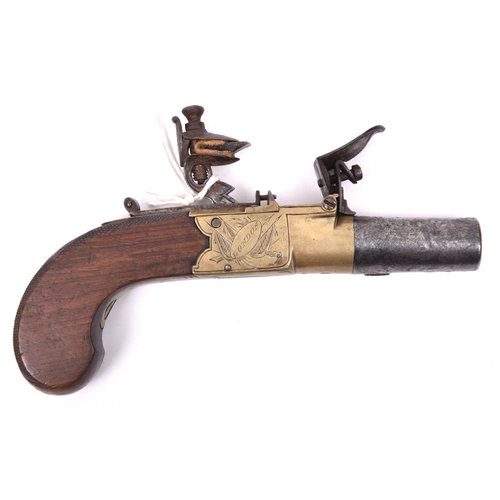 430 - A brass framed 48 bore flintlock boxlock pocket pistol, signed “H. Nock, London”, c 1820, 6