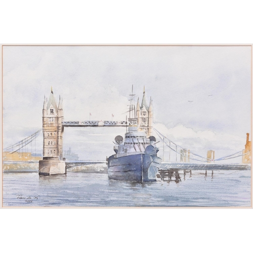 1 - A watercolour painting of Tower Bridge and HMS Belfast by Frans de Leij. Signed and dated 2004 to lo... 