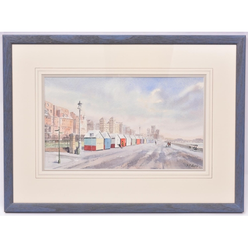 2 - A watercolour painting of Brighton & Hove seafront by Michael Berry. Titled 'Hove Beach Huts', with ... 