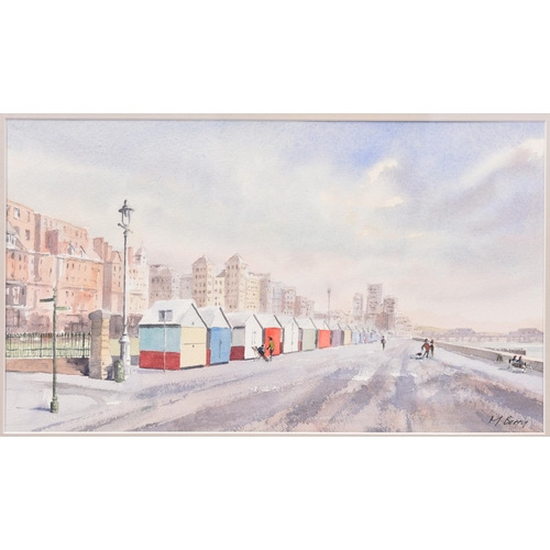 2 - A watercolour painting of Brighton & Hove seafront by Michael Berry. Titled 'Hove Beach Huts', with ... 