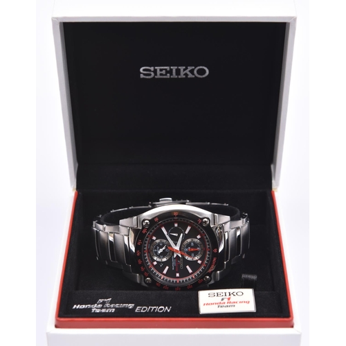 203 - A Seiko F1 Honda Racing Team quartz chronograph watch. Stainless steel case and bracelet, black face... 