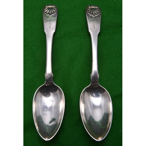 23 - 2x matching Georgian Scottish dessert spoons with scalloped decoration to handles and engraved crest... 