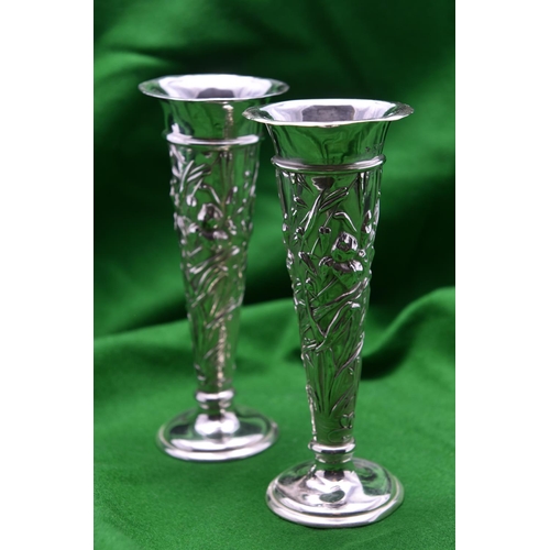 32 - A pair of silver William Comyns Art Nouveau Style Vases. 16.5cm high, width 6.5cm on the rim, base 5... 