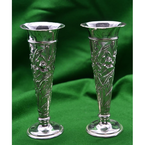 32 - A pair of silver William Comyns Art Nouveau Style Vases. 16.5cm high, width 6.5cm on the rim, base 5... 