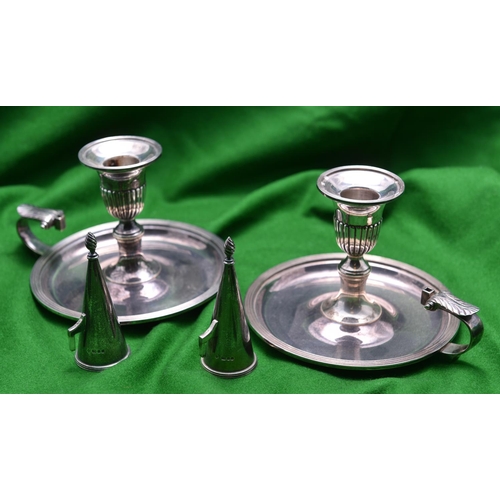 51 - A pair of silver chamber candlesticks with large dish bases, carrying handles, snuffers and removabl... 