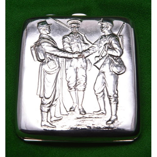 55 - A silver cigarette case with relief decoration of three early 20thC soldiers to lid and gilt wash in... 