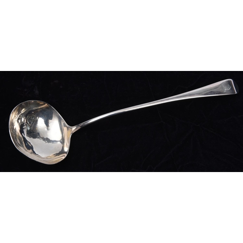 57 - A large Georgian silver ladle with crest on the handle. Hallmarked London 1790, 'TW' possibly for Th... 