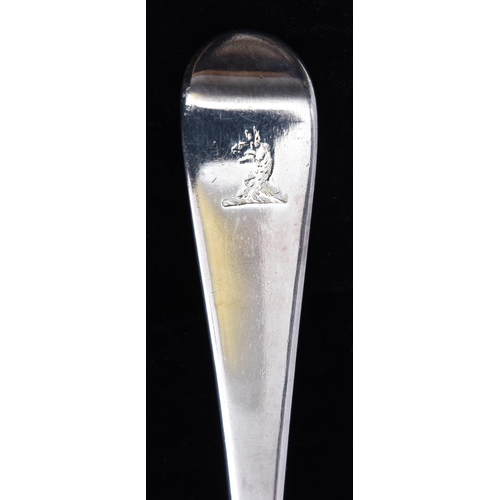 57 - A large Georgian silver ladle with crest on the handle. Hallmarked London 1790, 'TW' possibly for Th... 