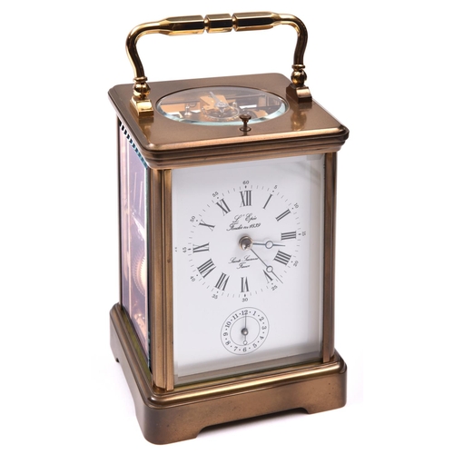 65 - A modern L'Epee, France brass carriage clock. A repeater clock with separate alarm dial below main d... 