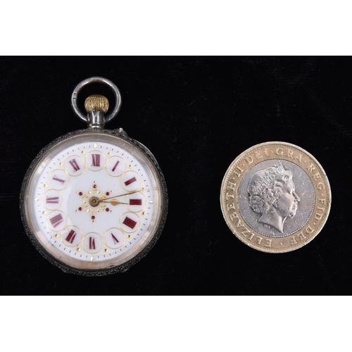 67 - A fine small silver pocket watch. Swiss keyless jewelled movement with enamel dial and red Roman num... 