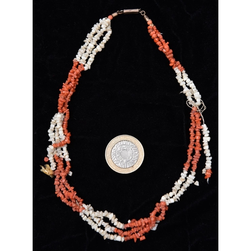 7 - A mid-Victorian red and white 3-strand coral necklace made up of small pieces. GC, requires restring... 