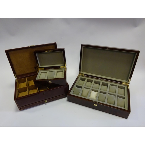 71 - 3x watch collector's storage boxes. 2x Hillwood cases in burr wood; one case with capacity for 12 wa... 