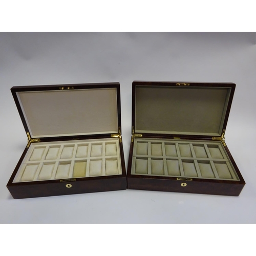 72 - 2x Hillwood watch collector's storage boxes in burr wood. Both cases with capacity for 12 watches. V... 