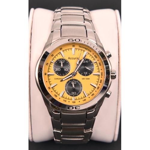 An Accurist MB882Y JS00 Chronograph watch with quartz movement. Metallic yellow face with three chro