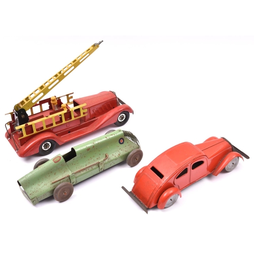 105 - 3 Tinplate Vehicles. A heavy duty tinplate American style friction powered Fire Engine. Probably lat... 