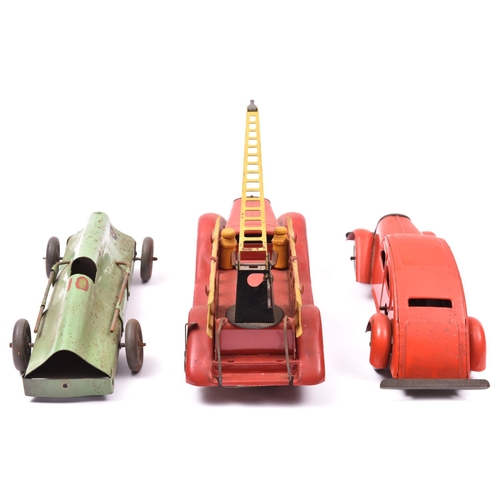 105 - 3 Tinplate Vehicles. A heavy duty tinplate American style friction powered Fire Engine. Probably lat... 