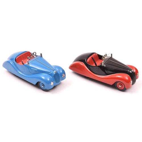 106 - 2 Schuco Tinplate Open Top Sports Cars. An original issue Examico 4001 in mid blue with red interior... 