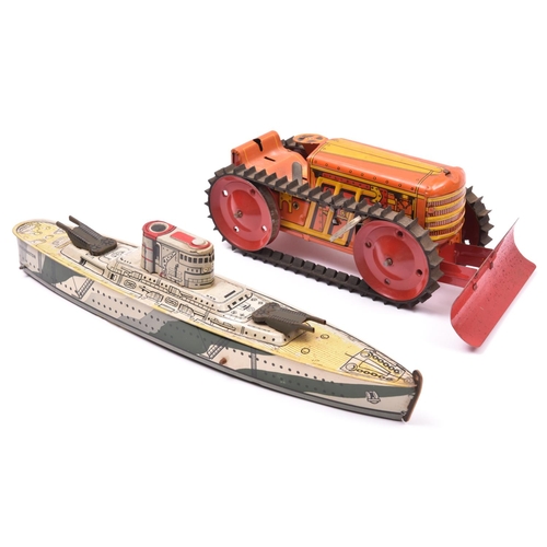 107 - 2 MARX Tinplate Toys. A Clockwork Bulldozer. A 4- wheeled rubber tracked example in orange and yello... 