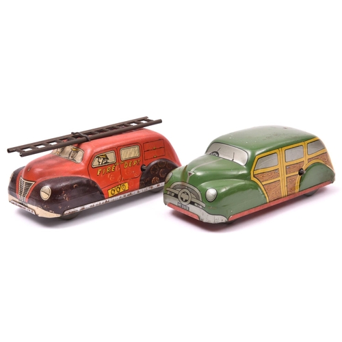 108 - 2 Mettoy Tinplate Clockwork Vehicles. A fire engine with ladder to roof, 'Fire Dept' to sides, in re... 