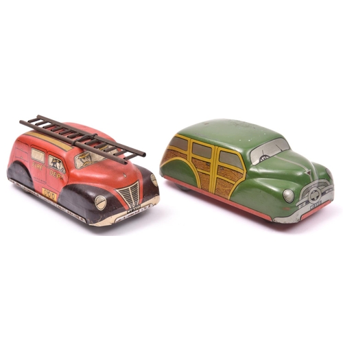 108 - 2 Mettoy Tinplate Clockwork Vehicles. A fire engine with ladder to roof, 'Fire Dept' to sides, in re... 