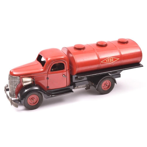 131 - A scarce French VEBE Tinplate Clockwork Large Scale 2 Axle Petrol Tanker. In red and black livery, w... 