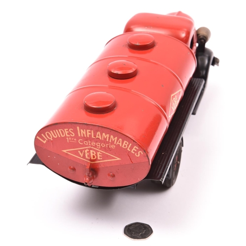 131 - A scarce French VEBE Tinplate Clockwork Large Scale 2 Axle Petrol Tanker. In red and black livery, w... 