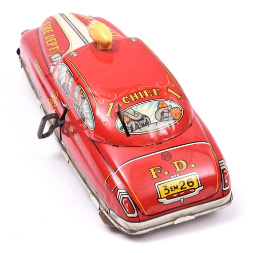 137 - An American 1950's MARX Tinplate Clockwork Fire Chief Car-'with electric signal flasher, siren and p... 