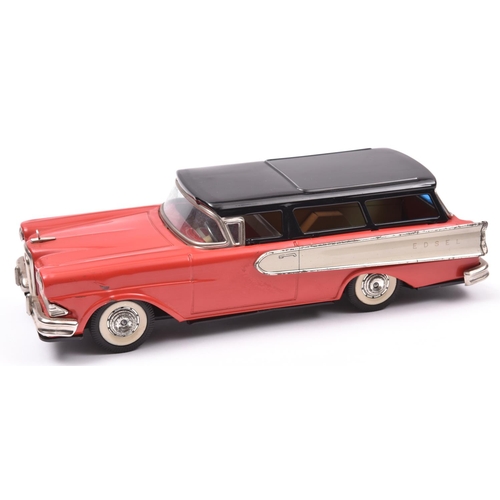 162 - A late 1950's Japanese Haji Tinplate Friction Powered Ford Edsel Station Wagon. In red with black ro... 