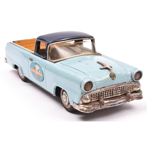 175 - Bandai Tinplate 1956 Ford Fairlane Ranchero Pick-Up. In light blue with dark blue roof, elephant wit... 