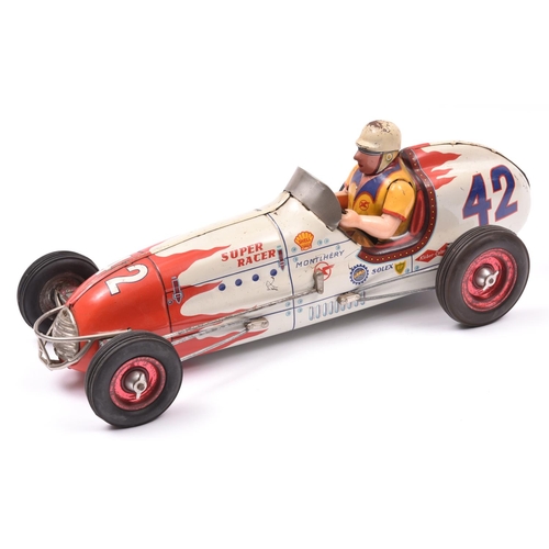 177 - A scarce Japanese Tinplate GEM 'Super Racer' Friction Powered Single Seat Racing Car. In white with ... 