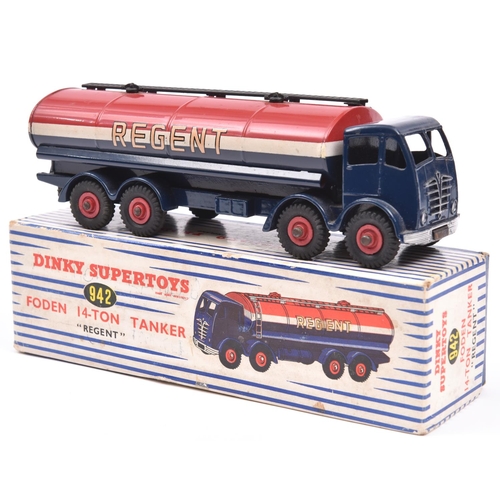 450 - Dinky Supertoys Foden 14-Ton Tanker REGENT (942). In dark blue, red and white livery, red wheels and... 