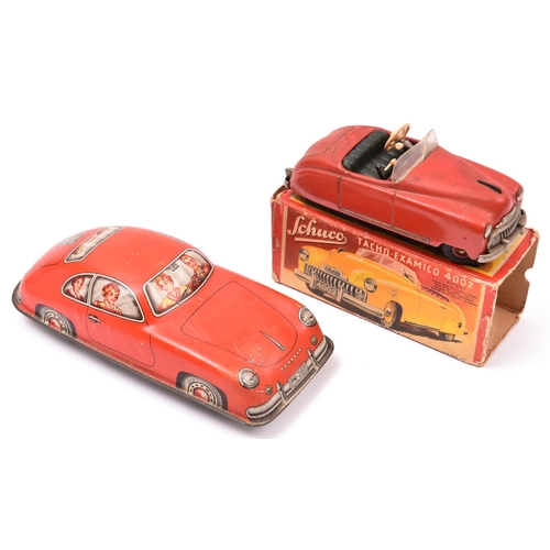 88 - 2 German Tinplate Cars. A Schuco Tach-Examico 4002 clockwork 2-door open top saloon. In red with dar... 