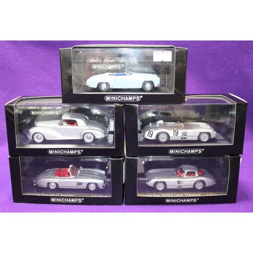 182 - 5 1:43 Minichamps Mercedes Benz. 190SL, 300S, 300SLR, 300SLR hardtop and a 300SL. All boxed, minor w... 