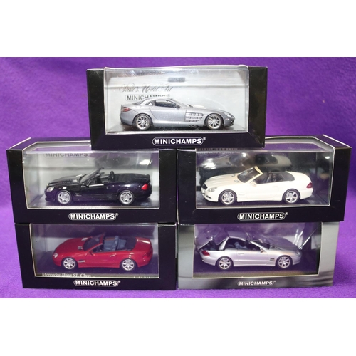 183 - 5 1:43 Minichamps Mercedes Benz. 3x SL variations including colours, white, silver and red. SLR McLa... 