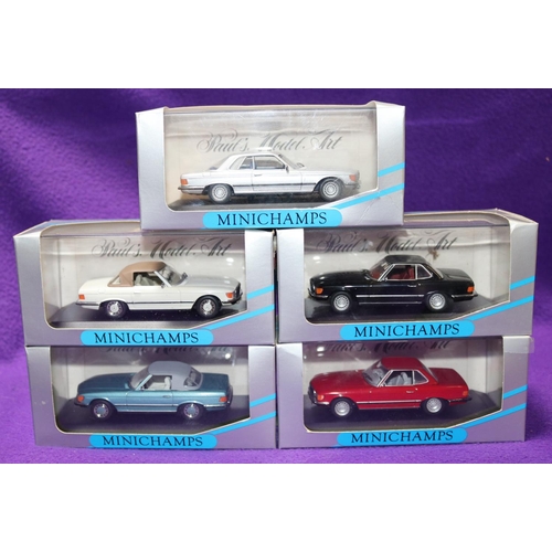 186 - 5 1:43 Minichamps Mercedes Benz. 4x 350SL, colour - red, black, light blue and white and other varia... 