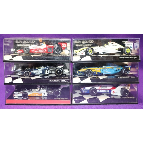 193 - 6 1:43 Minichamps Racing Cars. Lotus Ford 72 Mexican GP 1970 RN14 G. Hill. McLaren Ford M23 RN7 D. H... 