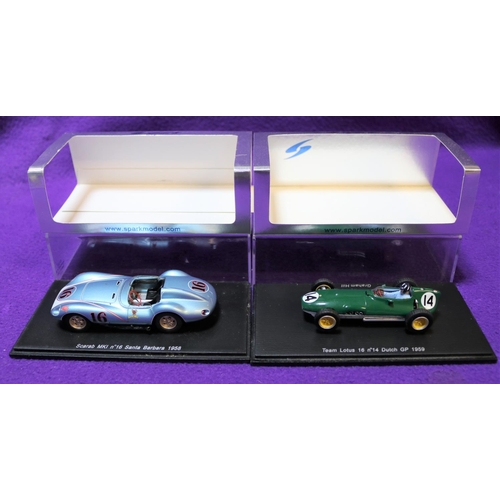 215 - 2 Spark 1:43 Racing Cars. Scarab Mk1 Santa Barbara 1958, RN16, in light metallic blue, driver, Lance... 