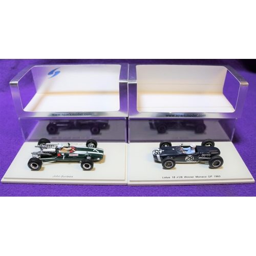 217 - 2 Spark 1:43 Racing Cars. Lotus 18, Winner Monaco Grand Prix 1960, RN28, in dark blue, driver Stirli... 