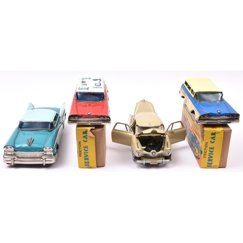 110 - 2 Japanese push along tinplate American Ford Fairlane Station Wagons. One in cream and mid blue with... 