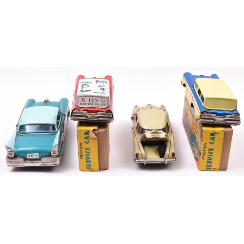 110 - 2 Japanese push along tinplate American Ford Fairlane Station Wagons. One in cream and mid blue with... 