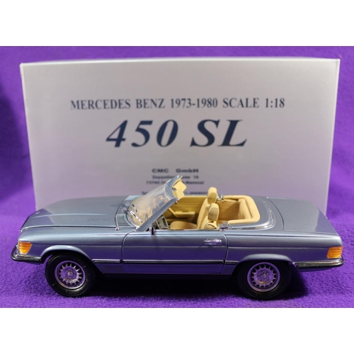 179 - A CMC 1:18 scale Mercedes-Benz 450SL. A top down example in light metallic blue with fawn interior. ... 