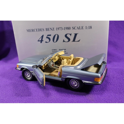 179 - A CMC 1:18 scale Mercedes-Benz 450SL. A top down example in light metallic blue with fawn interior. ... 