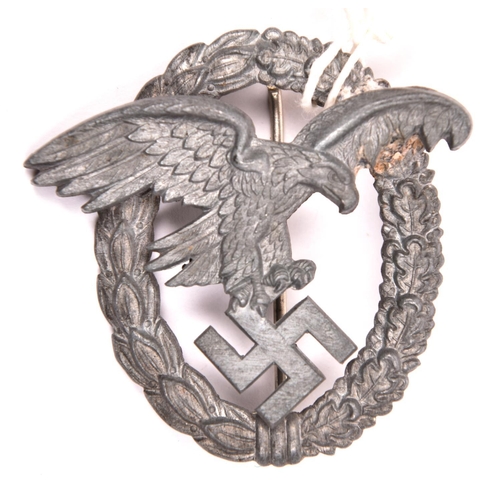 61 - A Third Reich Luftwaffe Observer’s badge, of late war quality in matt grey zinc, with round wire pin... 